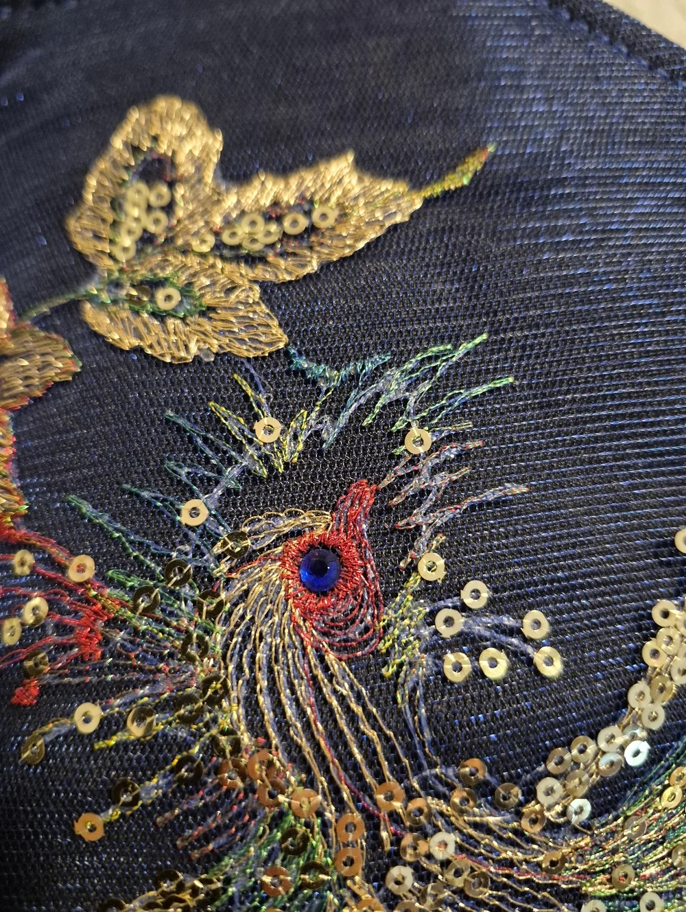 "Ella And Elly" Dark Blue Peacock Sequined Embroidered Tote Shoulder Bag - Picture 5 of 12